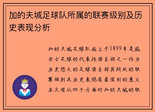 加的夫城足球队所属的联赛级别及历史表现分析